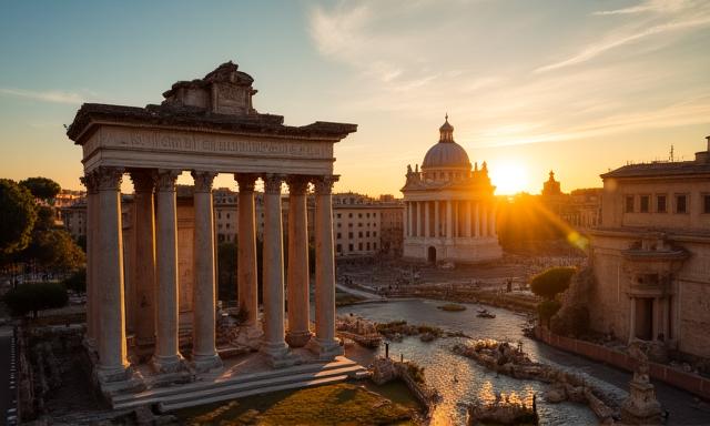 Veduta artistica del Foro Romano al tramonto